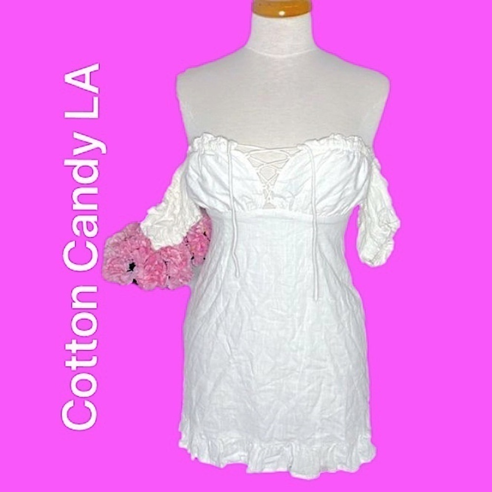 🌷 Cotton Candy LA🌷 White Linen Blend Babydoll Lace Up Dress